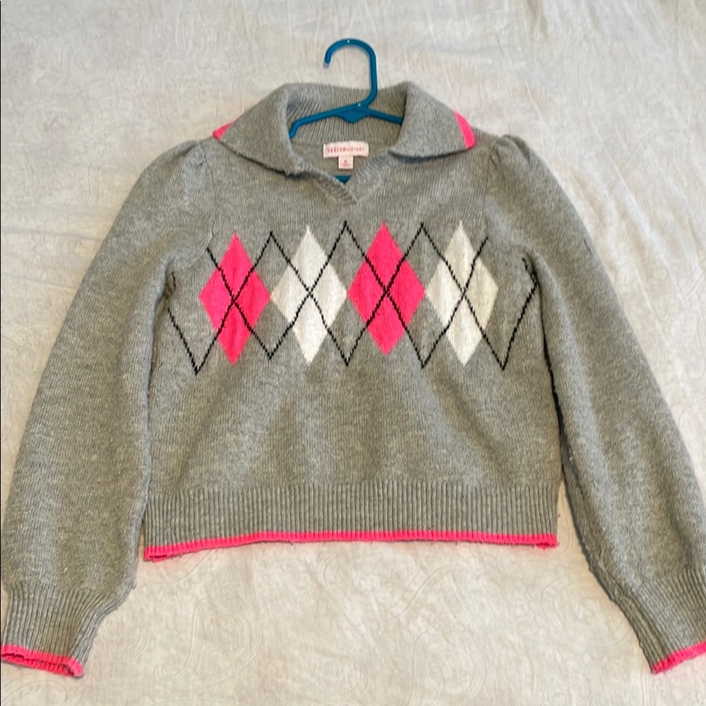 Girls Size 6 Design History Gray and Pink Crew Neck Sweater with Argyle Pattern
